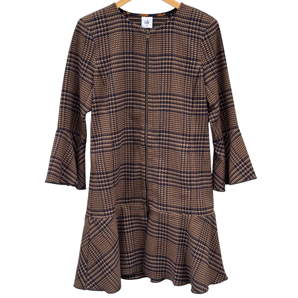 Cabi Flounce Jacket XS Navy Brown Tartan Plaid Bell Sleeve Dark Academia